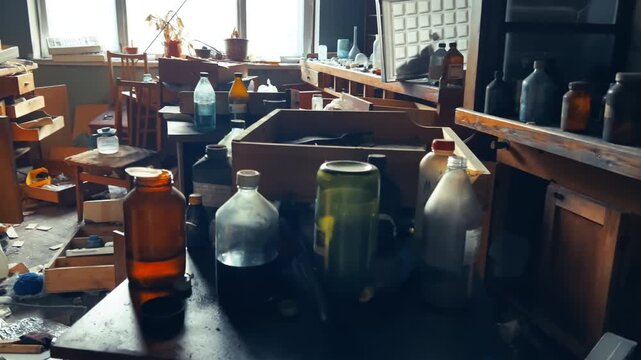 Abandoned Soviet Chemistry Lab Glass Bottles Close-Up Parallax Shot | Forgotten Chemical Reagents on Dark Desk Urbex | Decayed Research Institute Interior Cinematic Arc Move