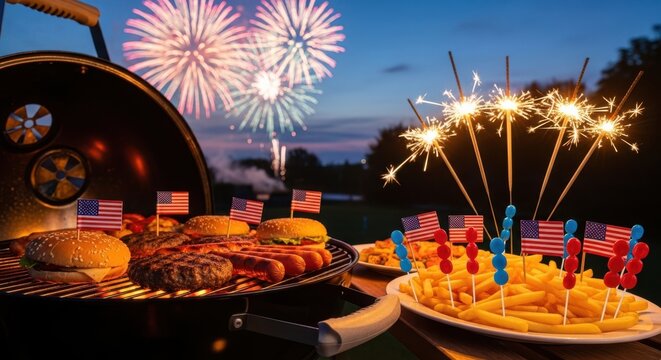 Independence day bbq celebration with burgers fries and sparklers under fireworks at twilight