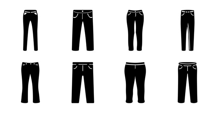 Black and dark jeans with zippers and pockets flat lay - Collection of black and dark jeans styles featuring zippers and multiple pockets displayed in a flat lay arrangement for fashion or design use