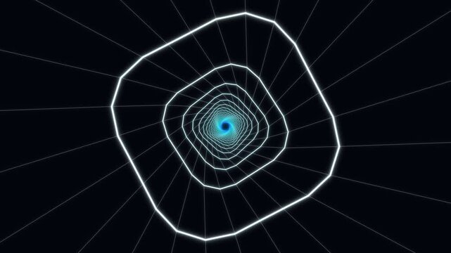 Abstract neon wireframe tunnel spiraling into a dark void
