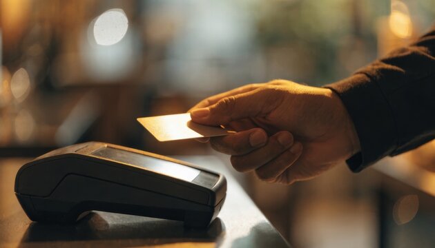 A person holding a credit card near a payment terminal, preparing to make a contactless transaction, with a blurred warm-lit background.