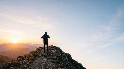 Obraz premium Hiker standing on mountain peak at sunrise enjoying the view