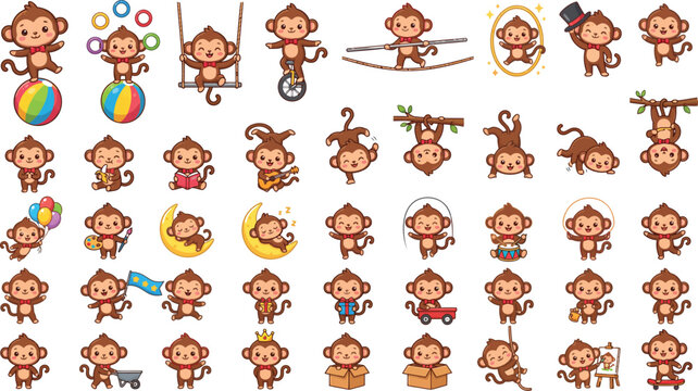 Cute Baby Monkey Circus Character Clipart Bundle Kawaii Vector