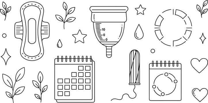 Menstrual cycle tracking feminine hygiene line icons bundle featuring sanitary pad cup tampon calendar and period care elements.