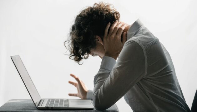 A frustrated person sits at a laptop, holding their head in stress or despair, indicating overwhelm or difficulty with work or technology.