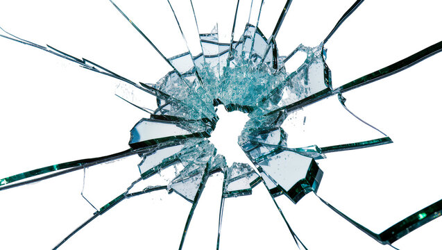 Shattered glass with sharp fragments radiating outwards, isolated on transparent background