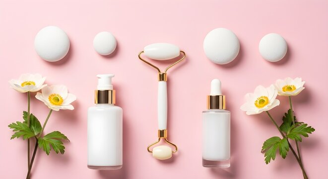 Skincare products and jade roller on pink background with flowers and stones