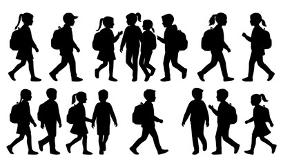 Obraz premium Walking School Kids Silhouette Set with Backpacks Educational Vector