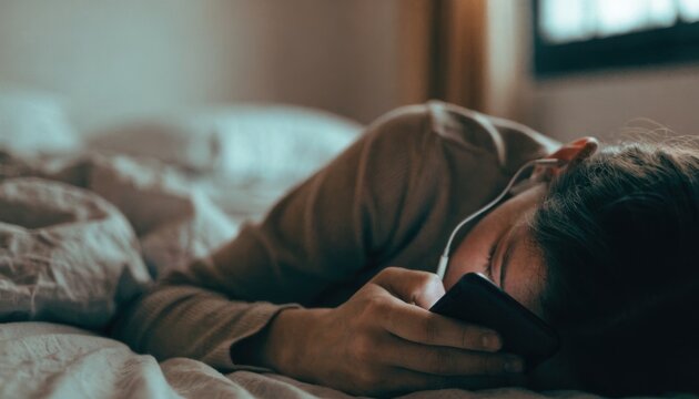 A person lying on a bed, partially covered by a blanket, holding a phone close to their face in a dimly lit room.