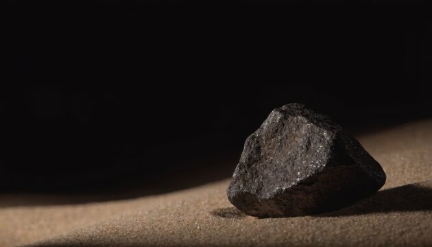 A close-up of a dark meteorite resting on sandy ground against a black background, highlighting its rough texture and irregular shape.