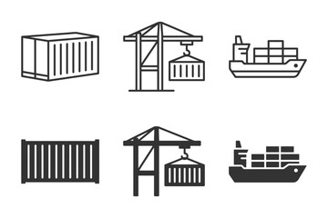 Obraz premium Logistics icons: shipping containers, cranes, cargo ships illustrated in black and white.