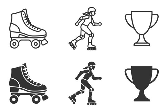 Roller skating icons: skates, skaters, trophies in black and white.