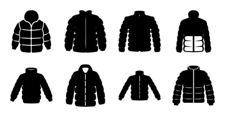 Black winter jackets flat illustration set - Six stylish black winter jackets displayed in a flat, clean line illustration style for fashion or apparel design projects. © MST