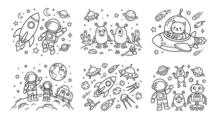 Space themed Vector Illustrations Rocket Astronaut Alien And Animal Characters © nurjahan