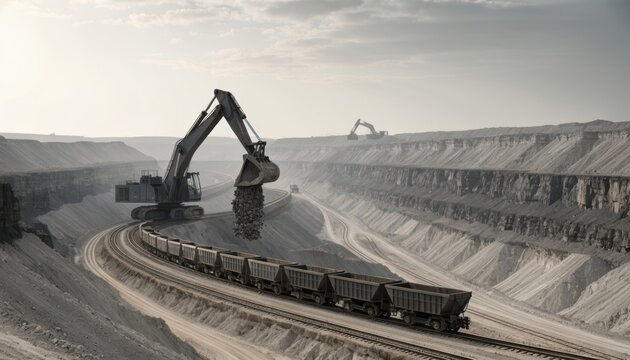 Large excavator loading rocks into a long freight train in an open-pit mining quarry under a cloudy sky.