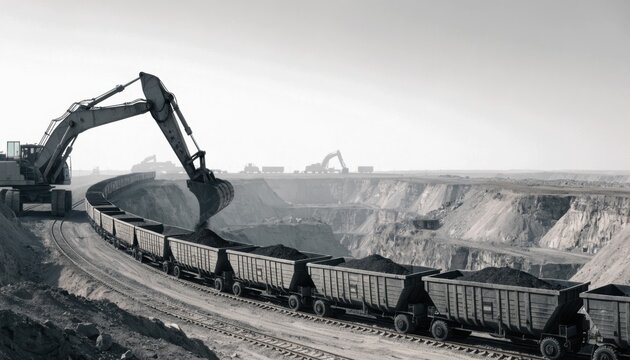 Black and white image of a mining site with an excavator loading rocks into a long train of open freight cars on a dirt track.