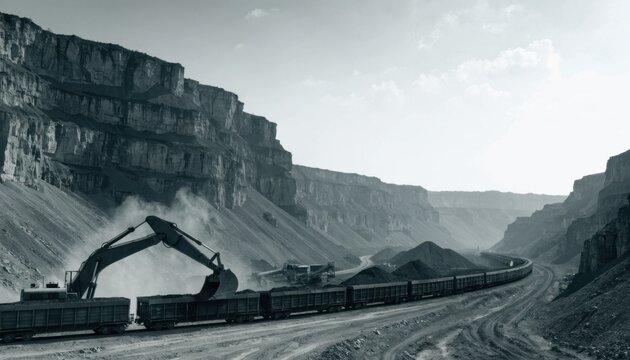 A large excavator loads coal onto freight trains in a rugged canyon industrial mining site under a cloudy sky.