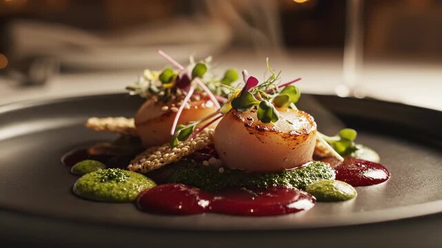 Gourmet Seared Scallops with Green Puree and Red Sauce on Dark Plate