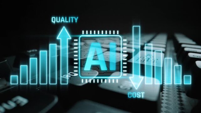 Modern digital representation of artificial intelligence with quality and cost indicators over a keyboard, showcasing technology and innovation in business analytics Sigmoid