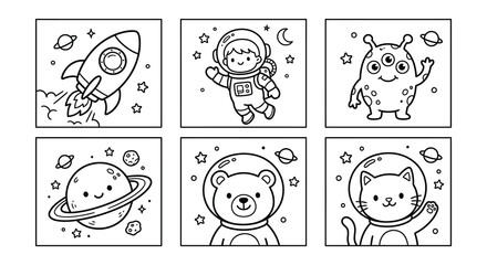 Space themed Vector Illustrations Rocket Astronaut Alien And Animal Characters © nurjahan