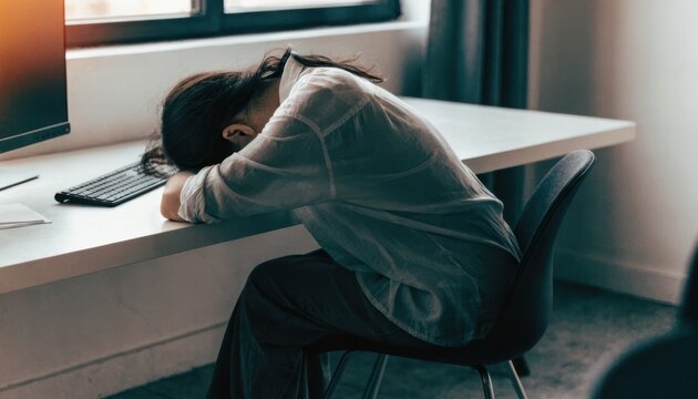 A person resting their head on their arms at a desk beside a computer, suggesting fatigue or stress in an office or home workspace.