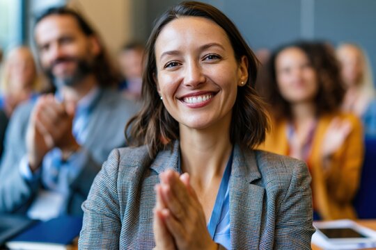 Business professionals applauding at end of leadership workshop in modern seminar room