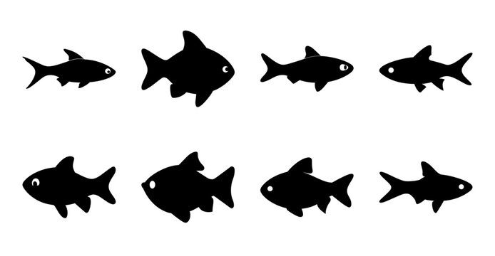 Eight black fish icons in swimming formation - A set of eight minimalist black fish icons arranged in two rows of four, facing different directions as if swimming.
