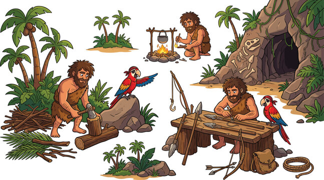 PrintCartoon cavemen characters living in prehistoric stone age jungle village with cave campfire tools weapons parrot and palm trees