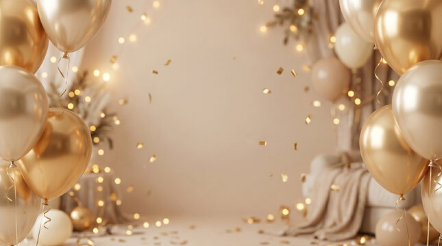 Festive background with gold and beige balloons and floating confetti