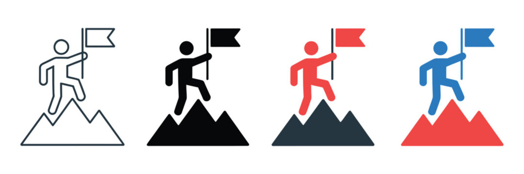 Minimalist vector icons featuring a person reaching a mountain peak with a flag, symbolizing achievement, success, goal completion, and motivation.