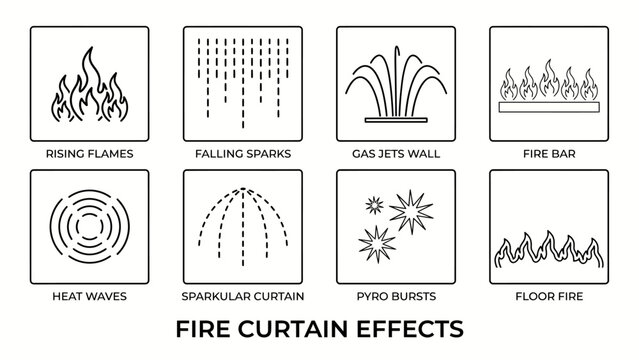Fire curtain effects icons set with rising flames and sparks graphics
