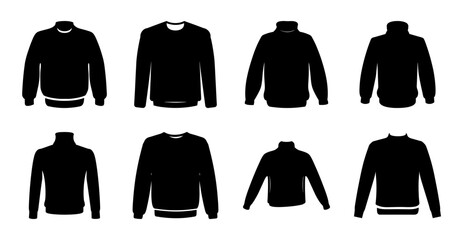Six black sweaters in different styles - Vector illustration of six black sweaters with variations in collar, cuff, and length designs for fashion and design projects. © MST