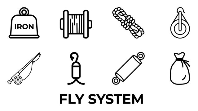 Fly system equipment icons including iron rope spool chain hook fishing rod weight bag