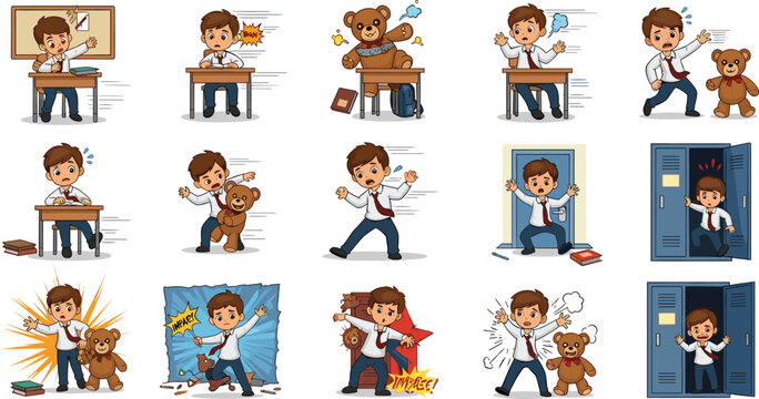 Cartoon schoolboy character stickers set showing scared student boy running from haunted teddy bear in classroom school vector