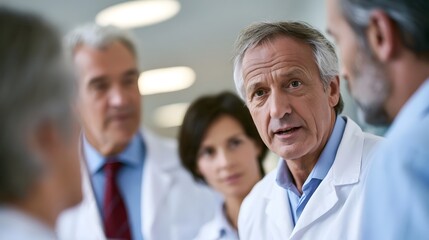 Fototapeta premium A professional medical team is gathered for a collaborative meeting within a brightly lit sanitary clinical environment
