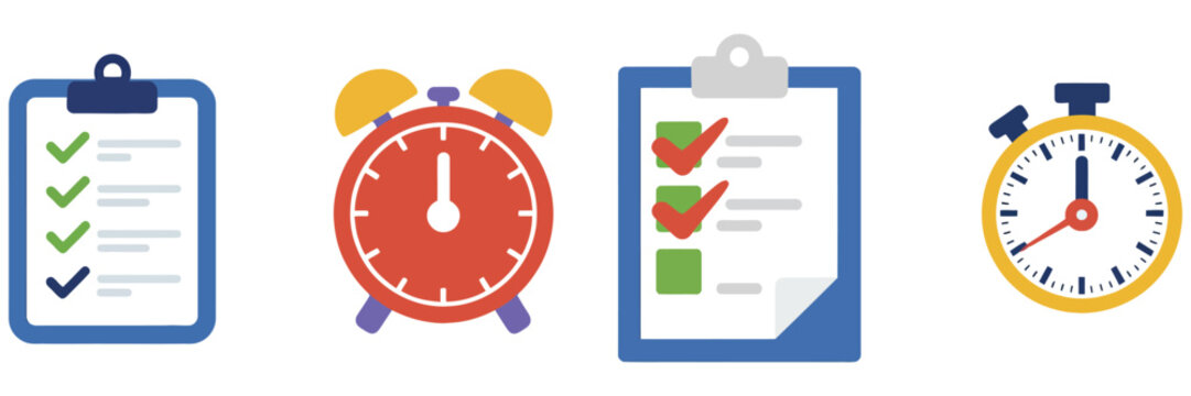 Checklist and alarm clock vector icons representing task management, time tracking, reminders, productivity, and organization on a transparent background.