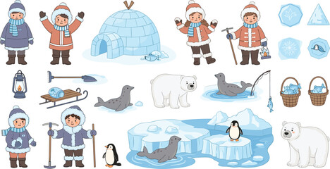 Cute arctic vector element set featuring eskimo children, polar bears, penguins, seals, igloo, ice fishing, and winter tools © Kulsum