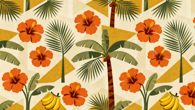 Vibrant tropical pattern with palm trees, hibiscus flowers, and bananas on geometric background, featuring orange blooms and green leaves on brown trunks, ideal for summer designs and exotic themes.