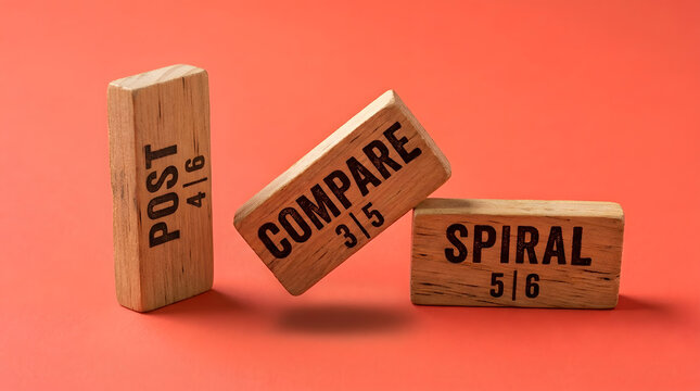 Wooden blocks with words POST COMPARE SPIRAL on orange background | Social media marketing strategy content analysis | Business growth metrics comparison | Minimalist digital marketing branding | Stra