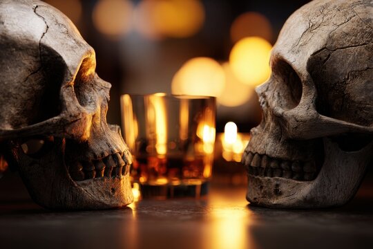 Two human skulls facing each other on a dimly lit table with a glass of amber liquid and warm candlelight in the background creating a moody atmosphere