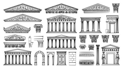 Naklejka premium Ancient architecture vector bundle with pediments Greek columns and Roman facades