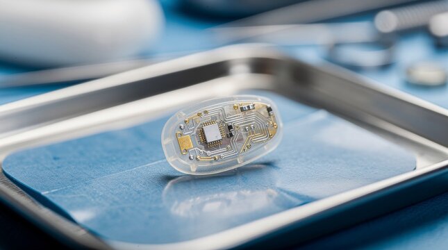 Small medical implant device with intricate circuitry on sterile blue surface