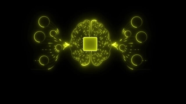 Yellow Glowing AI Brain Technology Animation Background with Digital Neural Network, Empty Center Frame and Smart Automation Connection Concept