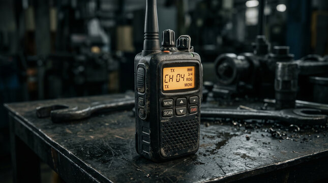 Rugged twoway radio walkietalkie on a dirty industrial workbench in a workshop