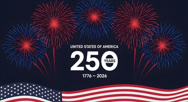 United states 250th anniversary commemoration graphic with fireworks and american flag elements