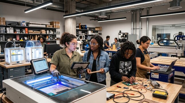Students collaborate on project using laser cutter in makerspace