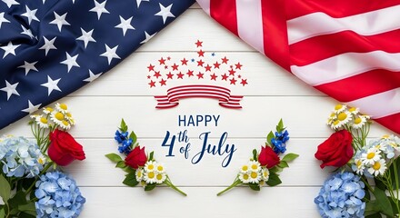 Obraz premium Festive fourth of july arrangement with american flags and summer flowers on white wood