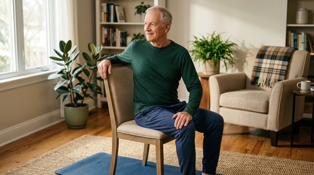 Senior man sitting on a chair in a home living room. Active elderly person resting after exercise on a yoga mat