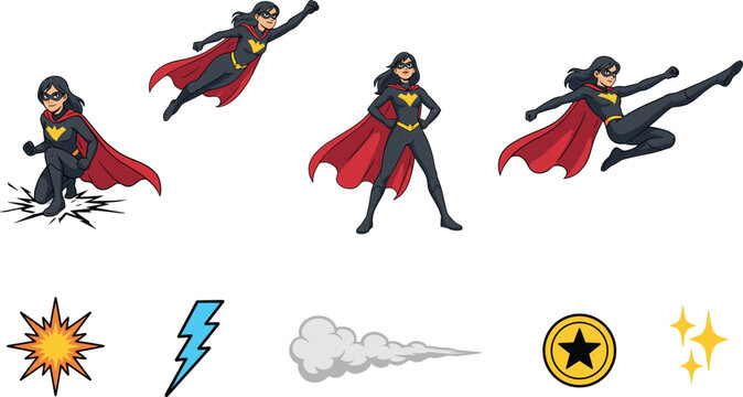 Female Superhero Character Vector Collection in Black and Red Suit with Action Poses Flying Kicking and Dynamic Comic Book Comic Book Burst Symbols