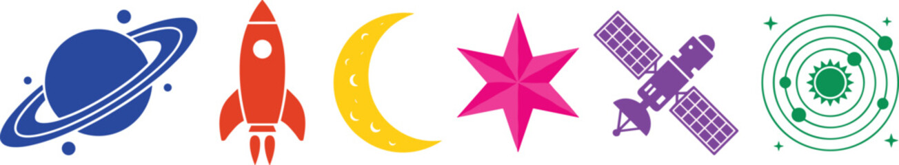 Minimalist Flat Space and Astronomy Icon Set Featuring Blue Saturn Planet Orange Rocket Ship Yellow Crescent Moon Pink Star Purple Satellite and Green Solar System Orbits © MdMostakin